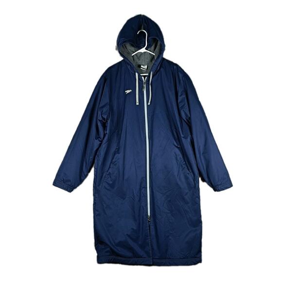 Speedo Parka Jacket Adult Large Blue Hooded Full Zip Swim Team Deck Coat Fleece - Picture 1 of 9